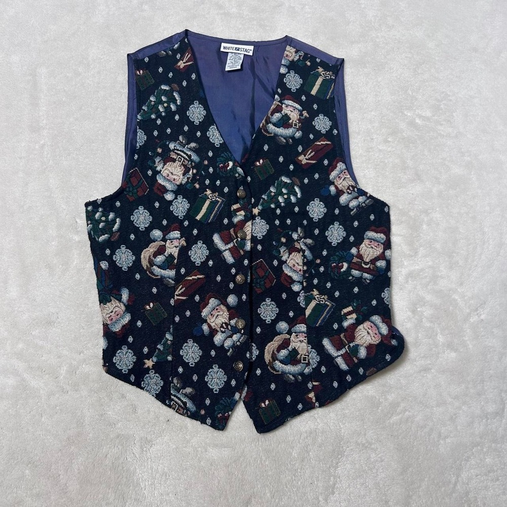 White Stag Christmas Santa Claus Vest  repeating Santa Claus snowflake holiday